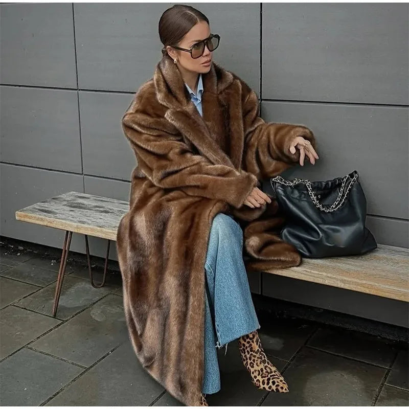 Winter Warm Thick Women Faux Fur Coats Luxury Oversized Long Coats Fleece Overcoat 2025 New Female Elegant Street Outerwear