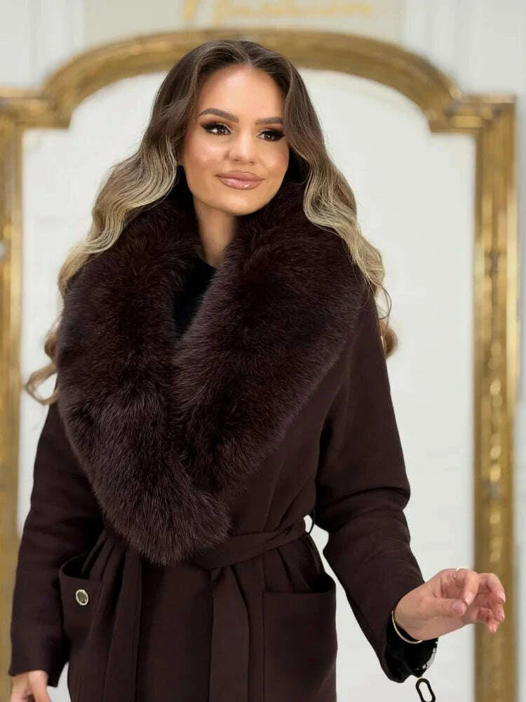 Solid Women Fur Collar Woolen Overcoat Stylish Patchwork Lace Up Long Sleeve V-neck Loose Coats 2026 High Street Warm Outerwear