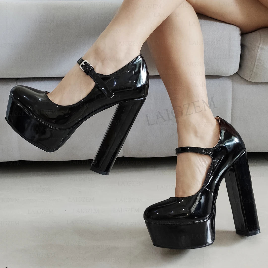 LAIGZEM Women Pumps Round Toe Shiny Platform Block High Heels Sandals Buckle Strap Ladies Shoes Woman Big Size 38 40 43 45 47 52