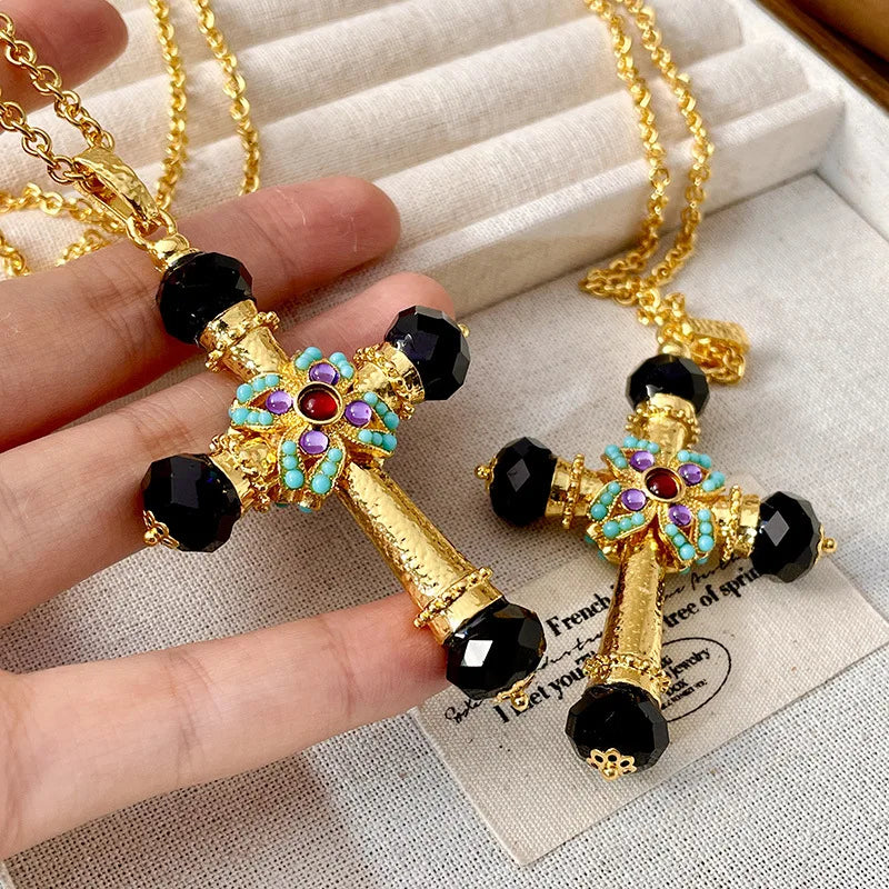 Crystal Cross Sweater Chain Necklace — Turquoise | KIMLUD