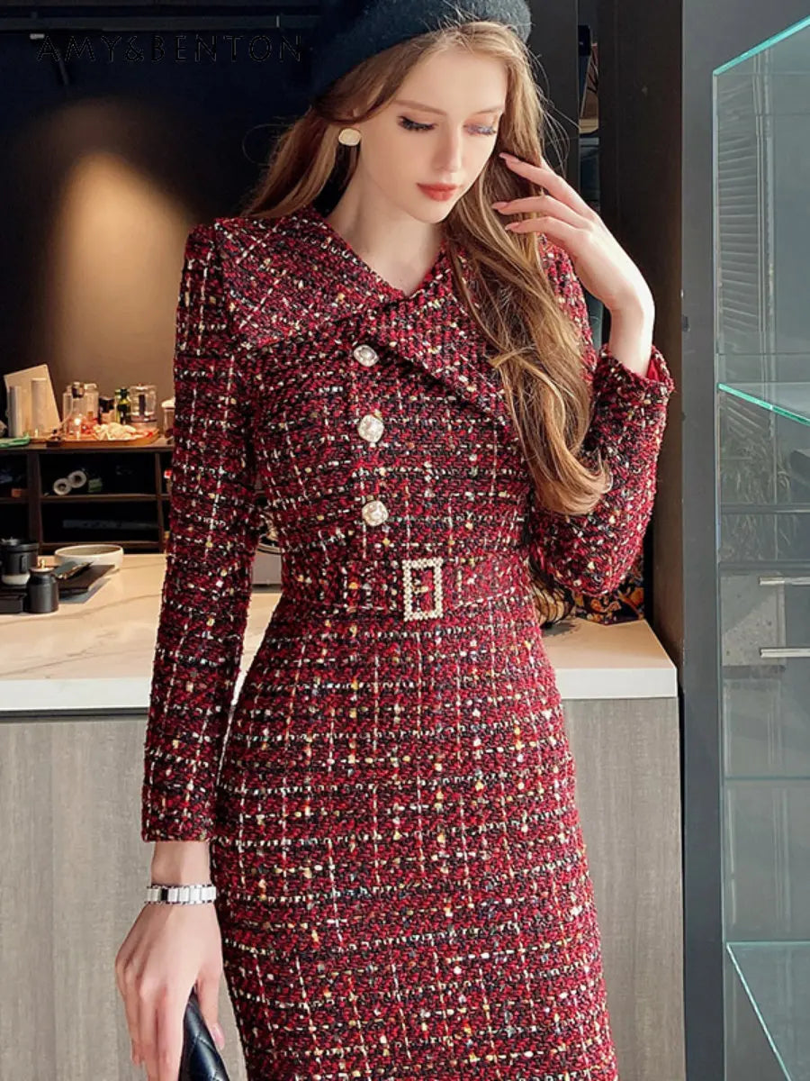 Tweed Dress Asymmetric Large Lapel Slimming — Black | KIMLUD