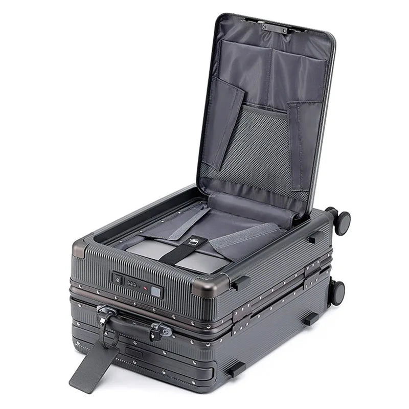 New Suitcase Wide Handle Front Opening Luggage with USB Cup Holder 20/26 Inch Suitcase Trip Cabin Carry-on Password Trolley Case