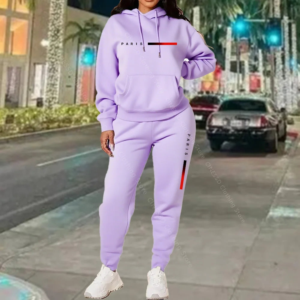 Paris Letter Print Hoodie and Pants Set — Cream | KIMLUD