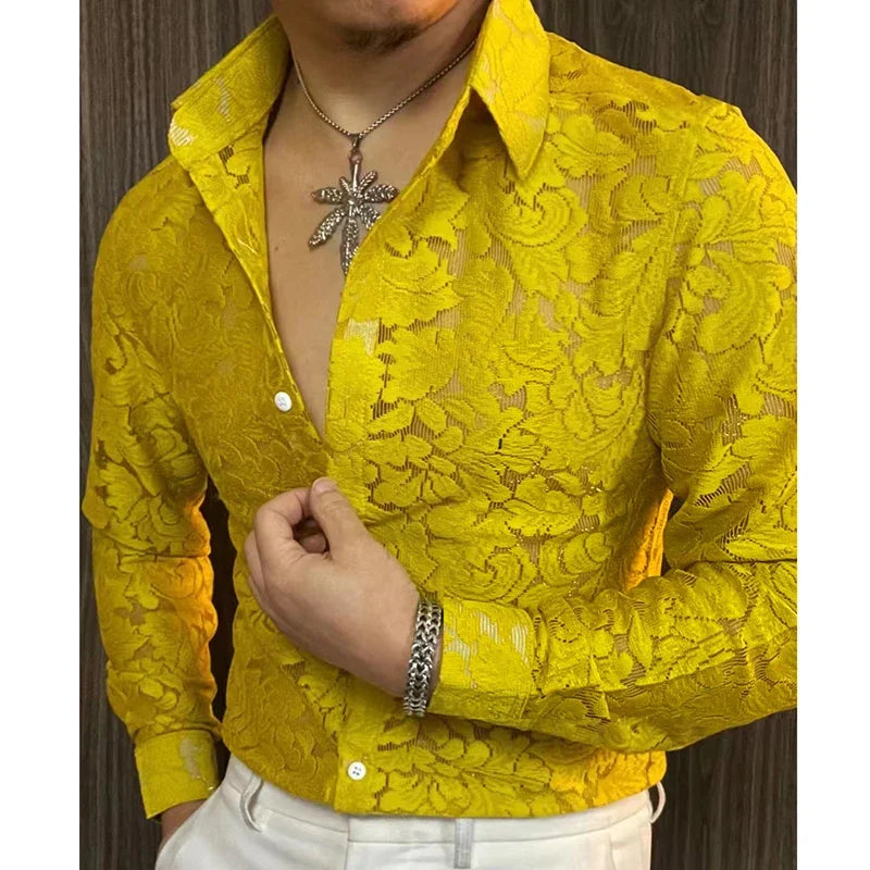 Sheer Polyester Shirt Slim-Fit Long Sleeve With Turn-Down Collar For Nightlife — White | KIMLUD