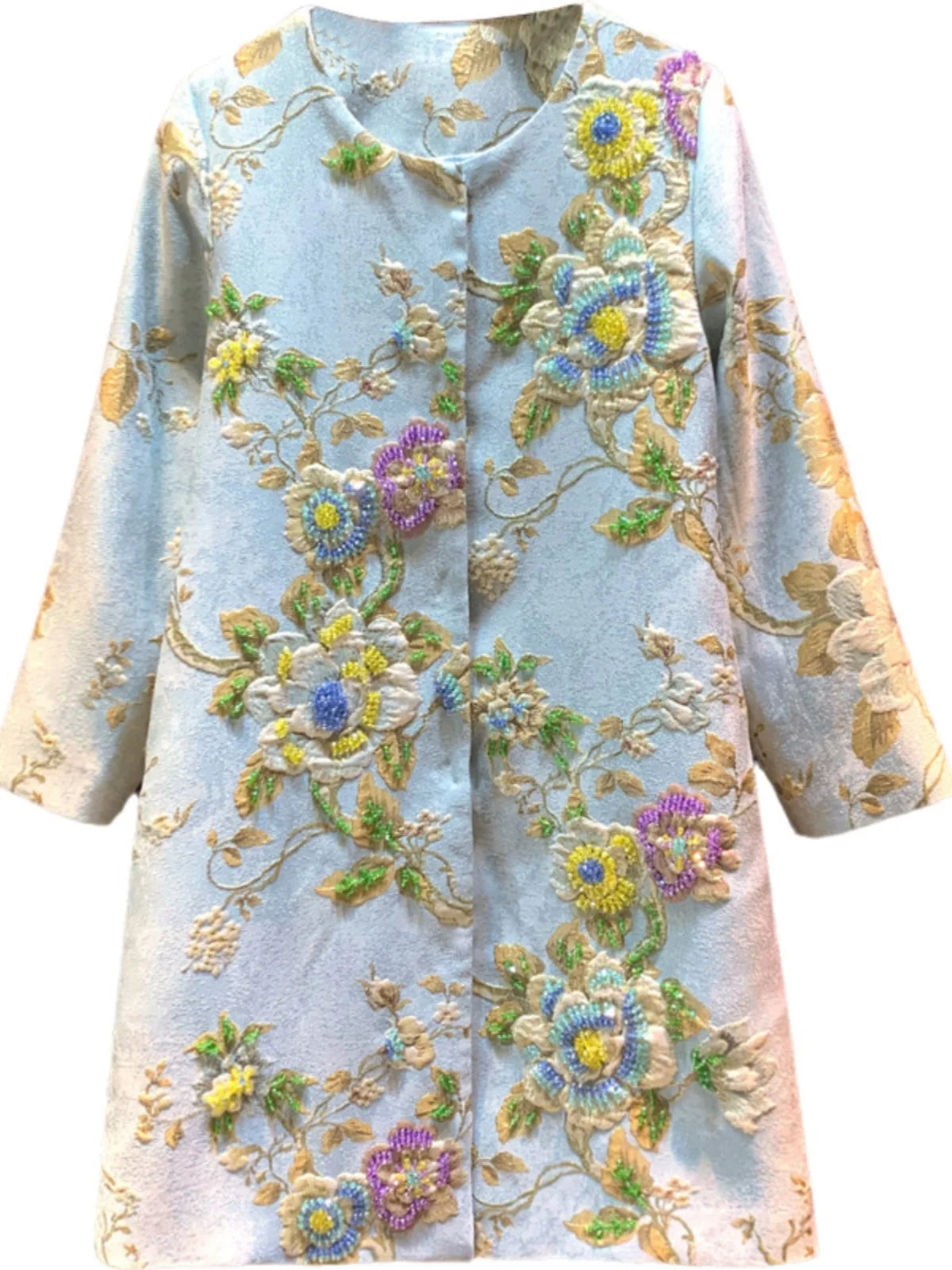 Luxury Lady Vintage Autumn Embroidery Jacket Women Floral Beading Long Coat Covered Button Outwear Trench O-neck