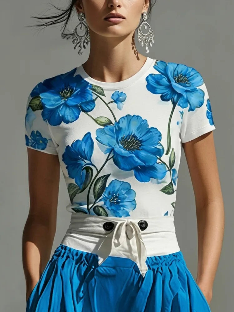 T-Shirt – Floral Print – Polyester – Blue | KIMLUD