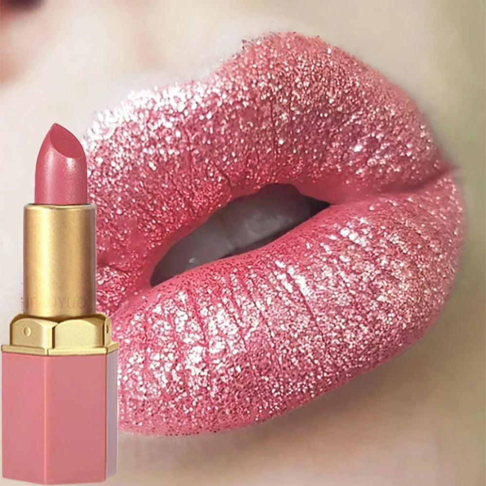 6 Colors Gold Bar Tube Lipstick Diamond Pearlescent Glitter Gold Pink Lips Stick Long-Lasting Non-Sticky High-Shine Makeup
