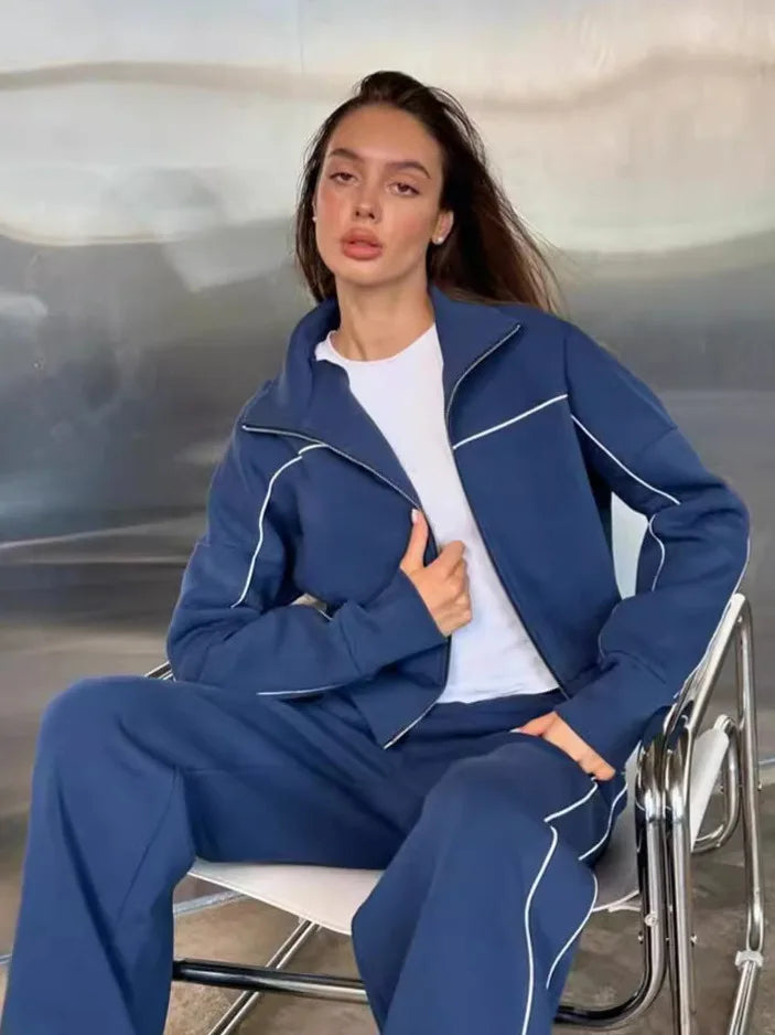 Soft Knit Two Piece Set Striped Zip Hoodie With Piping On Sleeves And Wide-Leg Elastic Pants — Charcoal Gray | KIMLUD