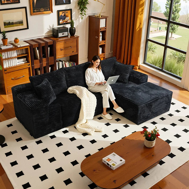 Corduroy L-Shaped Sofa Bed — Deep Seat, 105-Inch — Charcoal Gray | KIMLUD