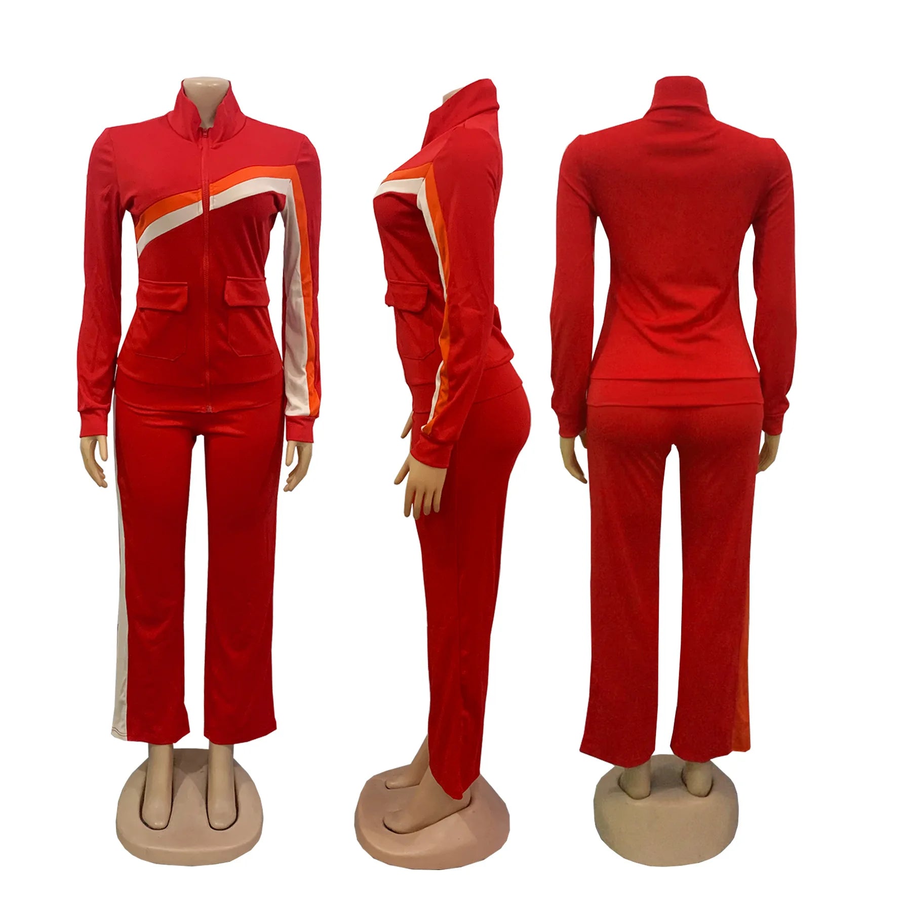 Knit Striped Splicing Two-Piece Sports Set Cream And Burnt-Orange Stripe Panels — Black | KIMLUD