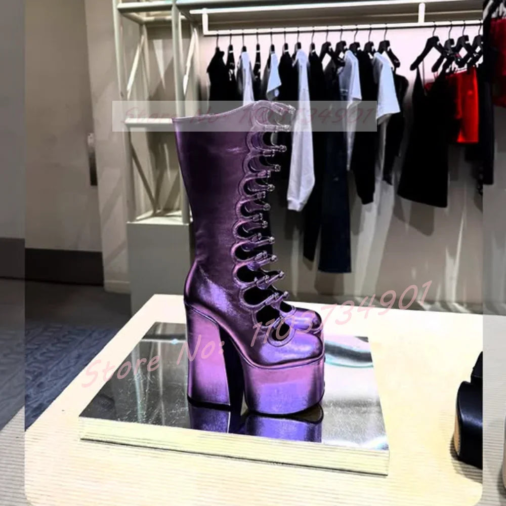 Knee-High Boots – Platform – Strappy – Purple Metallic | KIMLUD