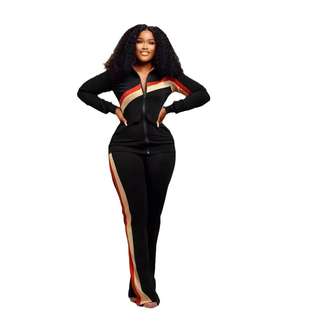 Knit Striped Splicing Two-Piece Sports Set Cream And Burnt-Orange Stripe Panels — Black | KIMLUD
