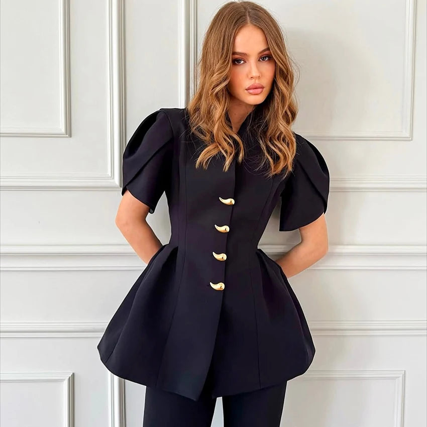 Linad Elegant Wine Red Puff Sleeve Woman Blouse 2026 Vintage Single Breasted Tops Spring Street Chic Black V Neck Ladies Tops