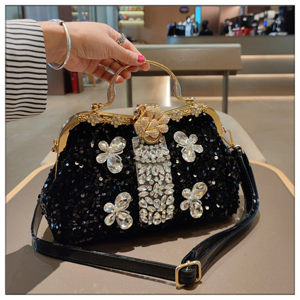 Leather Crystal Sequin Buckle Handbag — Black | KIMLUD