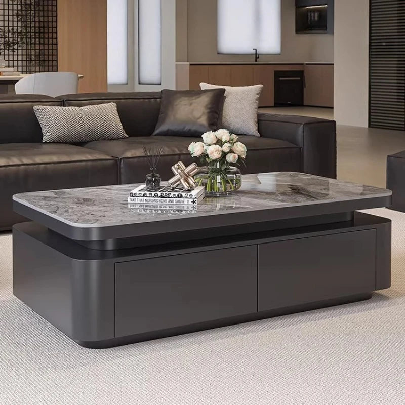 Minimalist Rock Slab Storage Coffee Table — Deep Graphite Black | KIMLUD