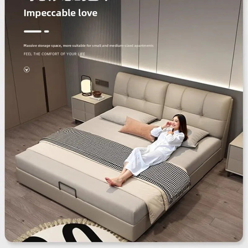 Modern Minimalism Genuine Napa Leather Bed With Built-In Storage Drawers — Beige | KIMLUD