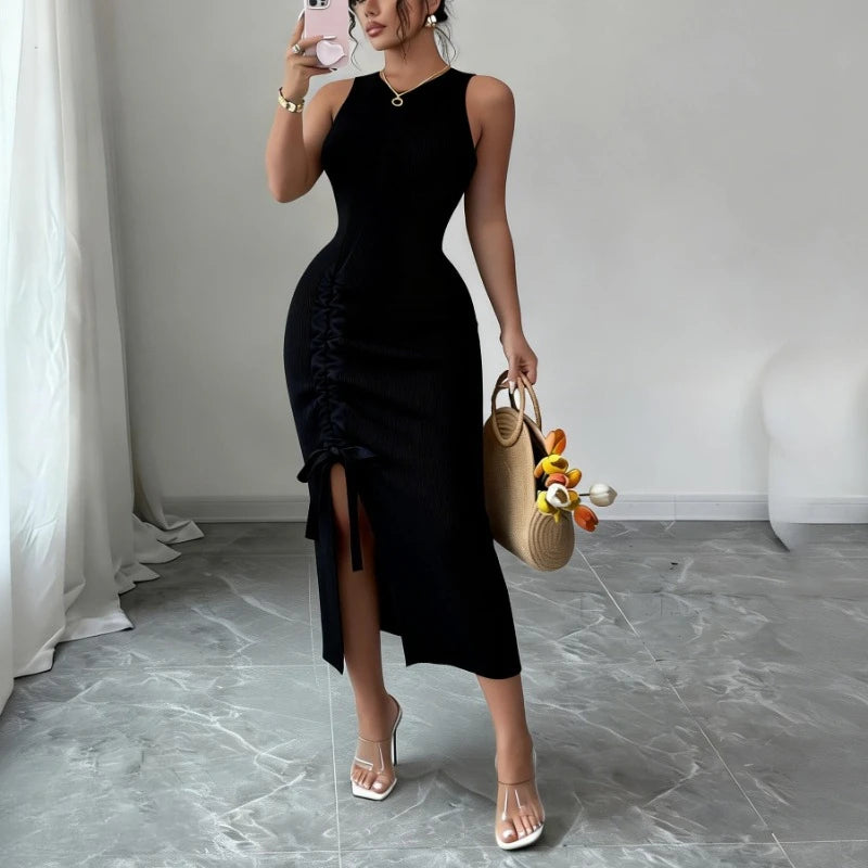 Ribbed Knit Ruched Bodycon Dresses — Blue | KIMLUD