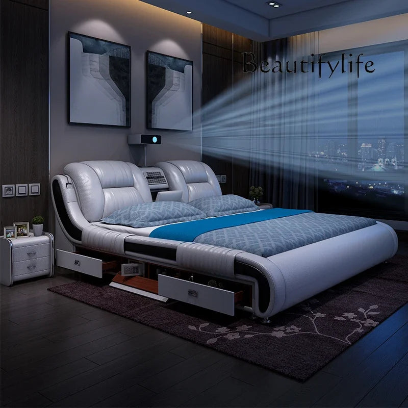 Genuine Leather Bed With Built-In Massage Bluetooth Speaker Air Cleaner Projector And Drawers — White | KIMLUD