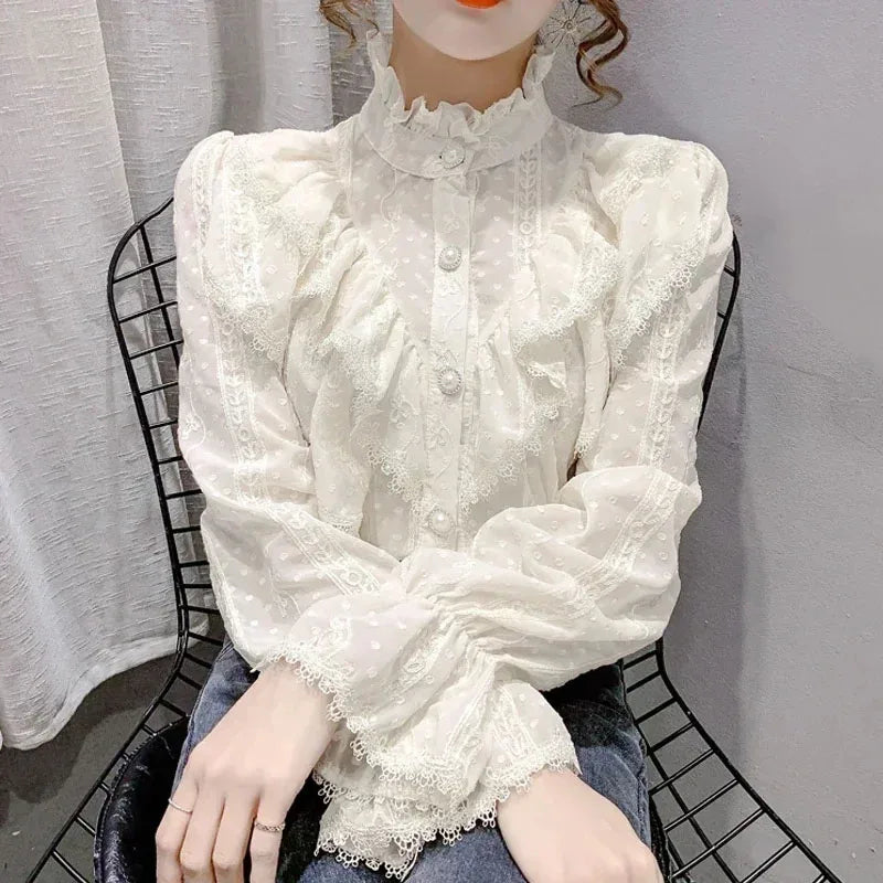 Chiffon Blouse Stand Collar Lace — White Apricot | KIMLUD