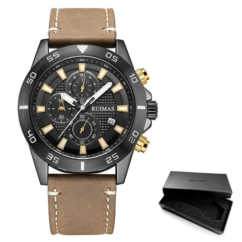 Premium Leather Strap Chronograph Watch — Black | KIMLUD