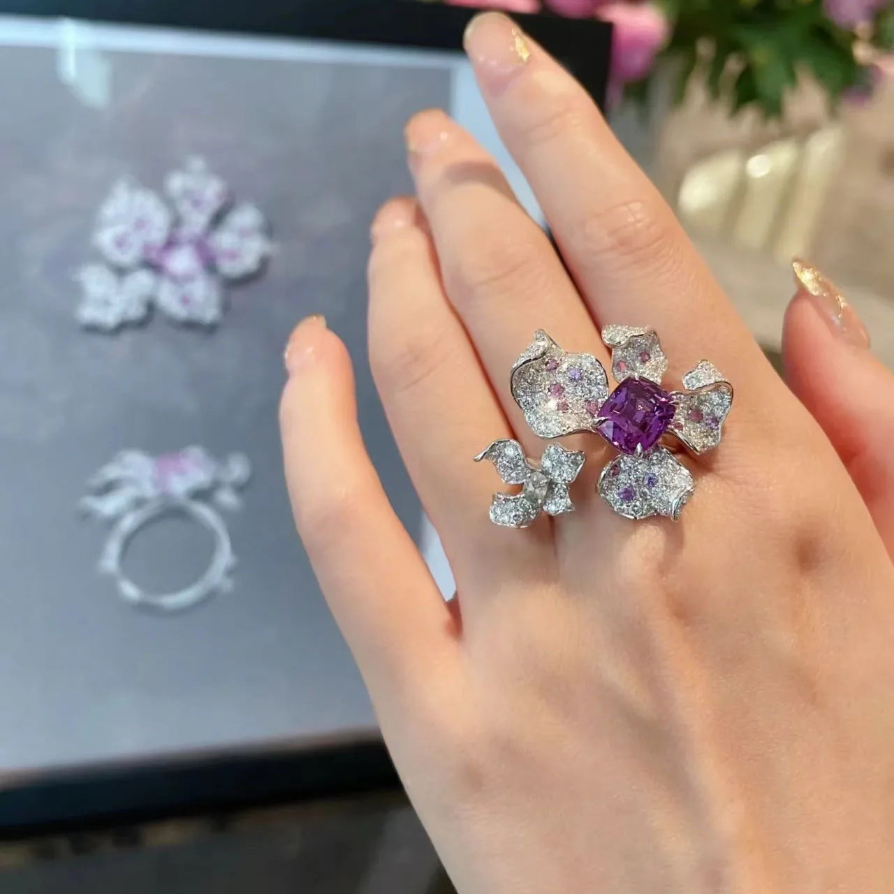 Sterling Silver Ring Amethyst Zircon Flower Open — White | KIMLUD