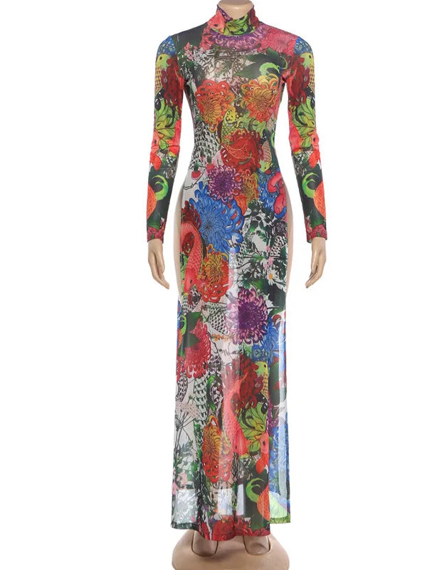 Polyester Top Plant Print Long Sleeve With High Split Hem — Multicolor | KIMLUD