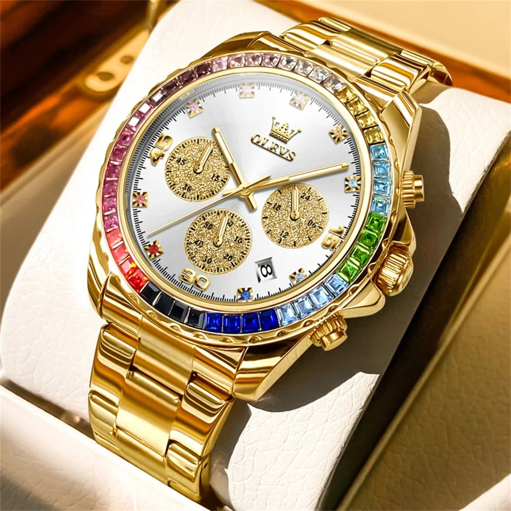 Stainless Steel Watch Rainbow Gemstone Bezel — Rose Gold | KIMLUD
