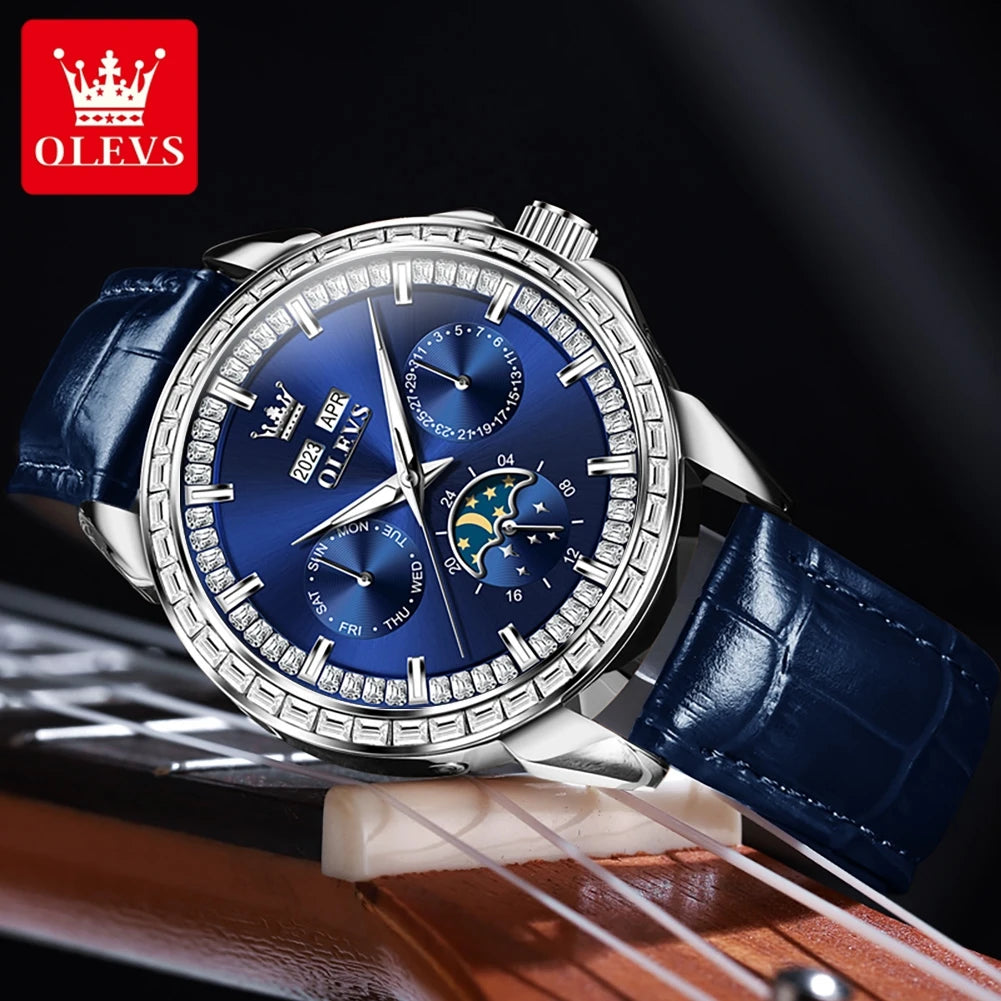 Leather Strap Watch Moon Phase Dial — Sapphire Blue | KIMLUD