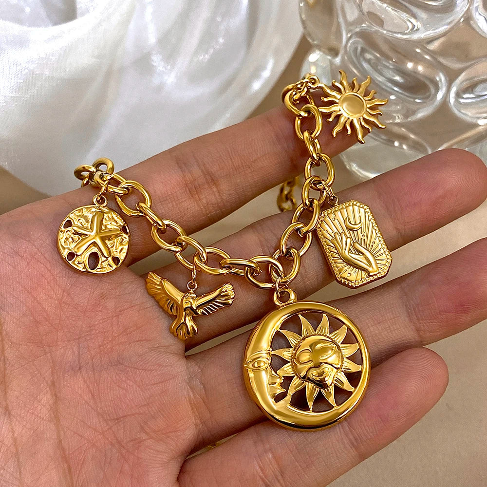 Necklace – Sun Moon Multi Accessory – Stainless Steel – Gold | KIMLUD