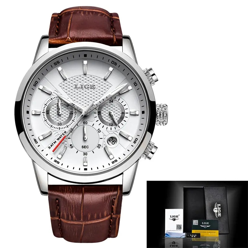 LIGE Watches Men 2024 Top Brand Luxury Casual Leather Quartz Men Watch Man Business Clock Male Sport Waterproof Date Chronograph