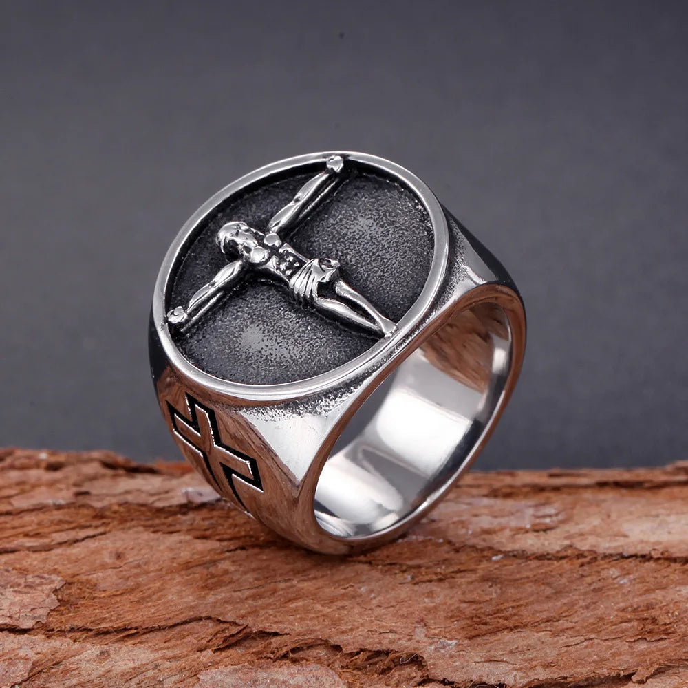 Vintage Catholic Jesus Cross Ring Men Punk Hip Hop Stainless Steel Biker Jesus Signet Rings Jewelry Amulet Gift Wholesale