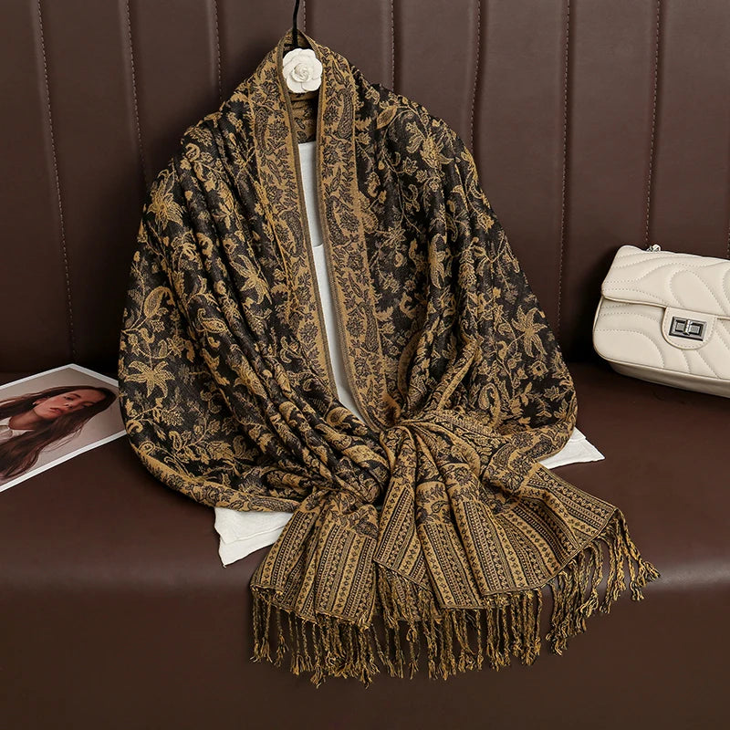 Cashmere Pashmina Shawl With Autumn Print Design, Olive Accents And Gold-Toned Fringe — Red | KIMLUD