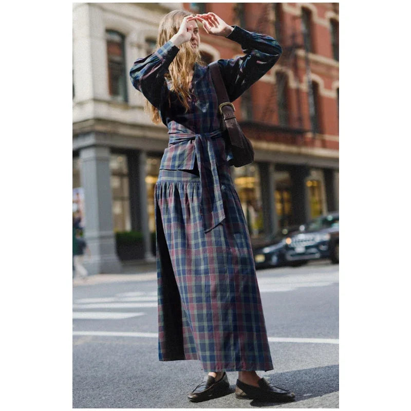 KIMLUD, Casual V-neck Checkered Lace Up Suit Women Fashion Long Lantern Sleeves Single-breasted Slim Set 2025 Lady Commute street Outfit, KIMLUD Womens Clothes