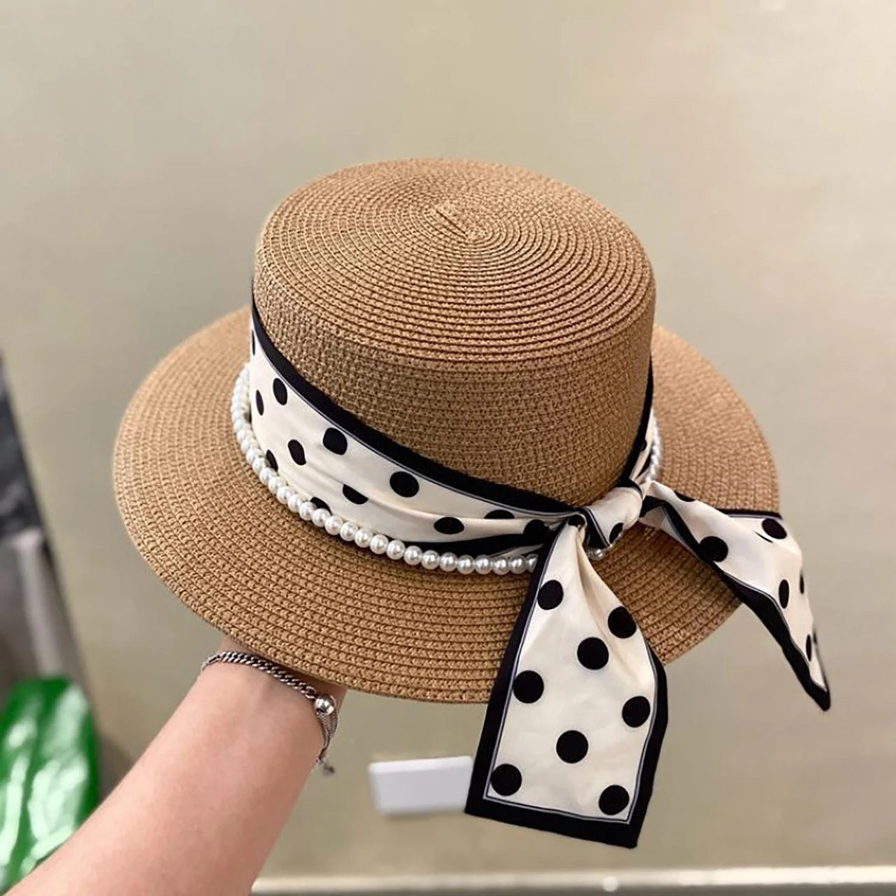 Fashion Straw Hat for Women Dot Ribbon Pearl Summer Wide Brim Sunshade Dome Basin Hats Franch Lady Elegant Travel Beach Sun Cap