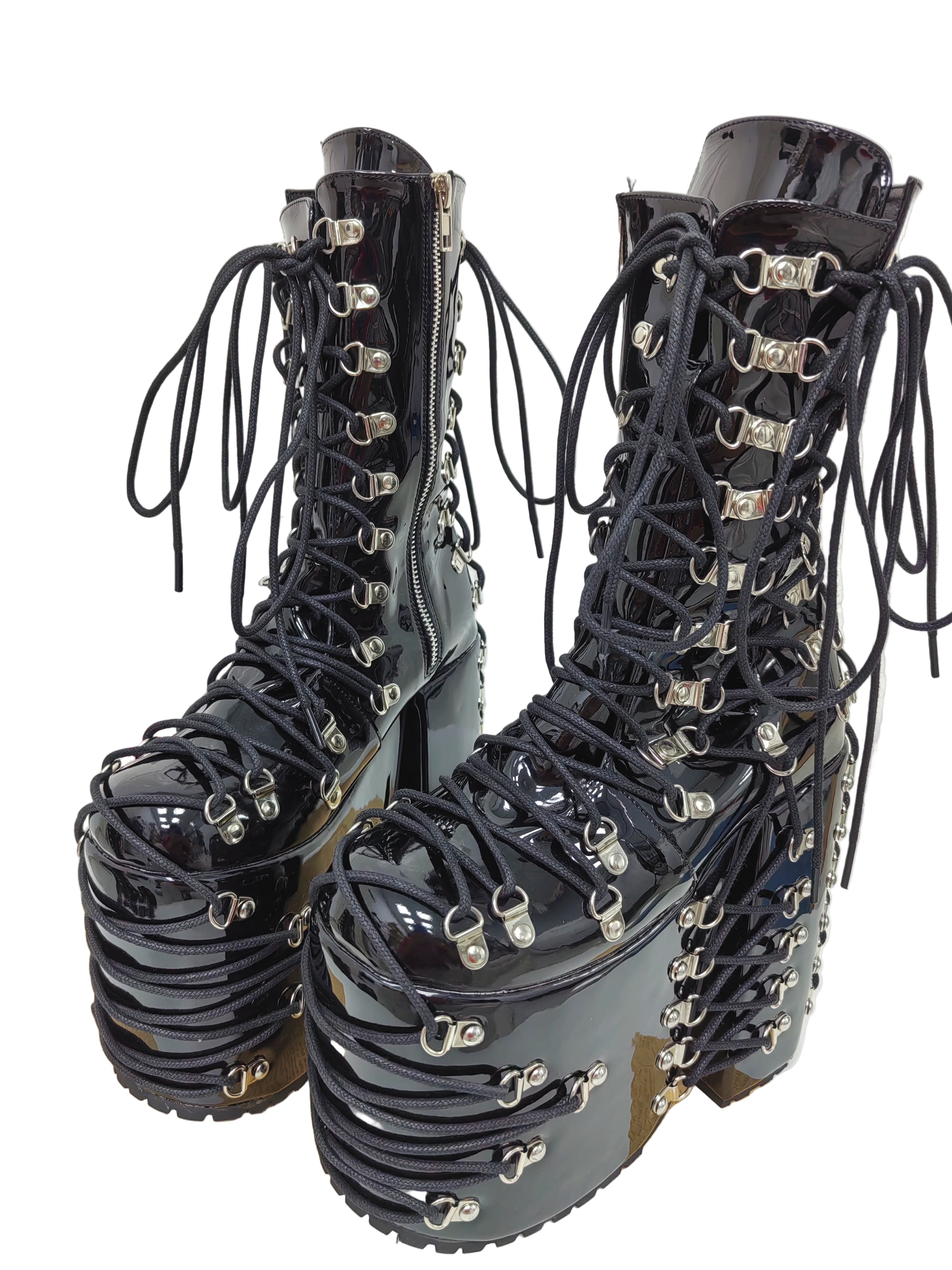 Women Wasteland thick sole punk black laser long Boots girl high wedges Heels pumps Lady party customized shoes buckles 33-50