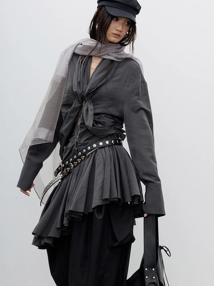Shirt Dress – Pleated Irregular Burr Hem – Cotton Jersey – Gray | KIMLUD