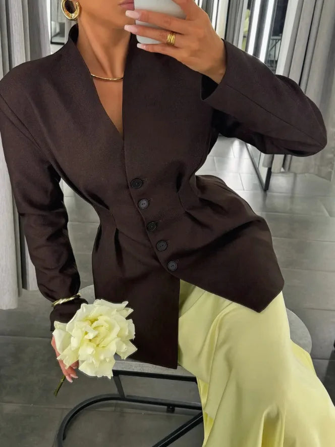 Talenza Women Fashion Blazer Vintage Single Breasted V-Neck Long Sleeve Jacket Casual Office Solid High Street Chic Women Blazer