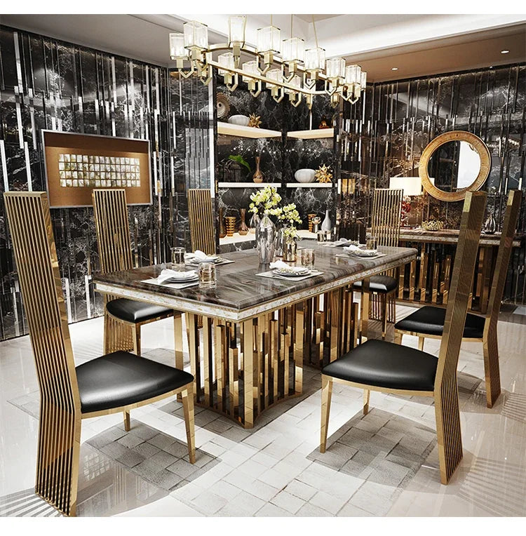 Marble Dining Table Set With Gold Frame — Gold | KIMLUD