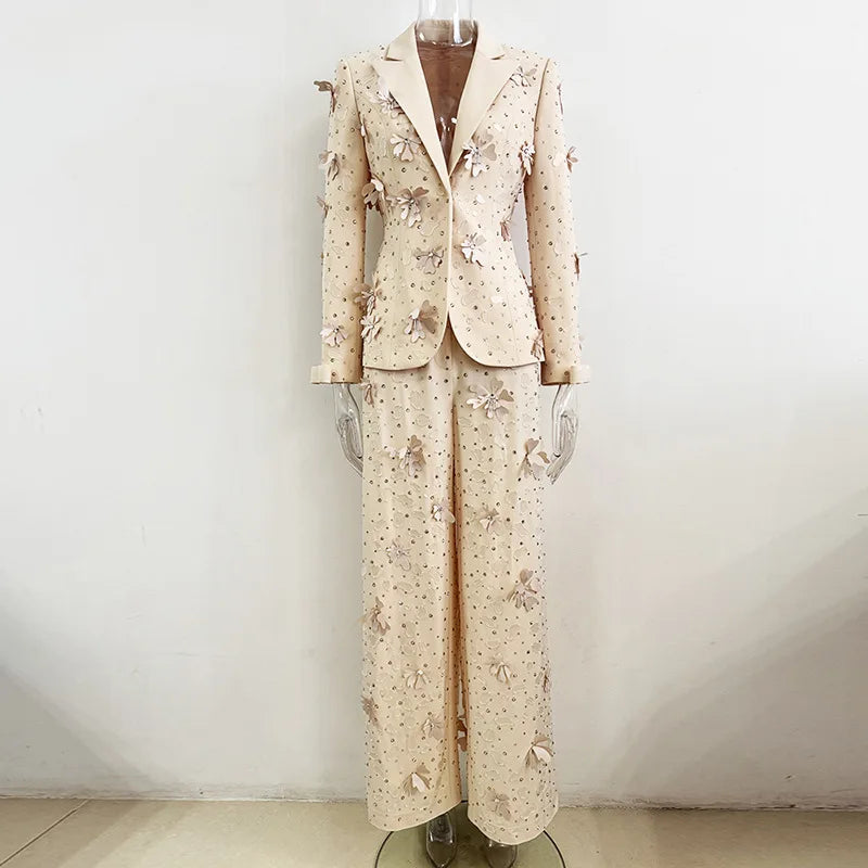 Beaded Flower Two-Piece Suit Set – Laminated Fabric – Slim | KIMLUD