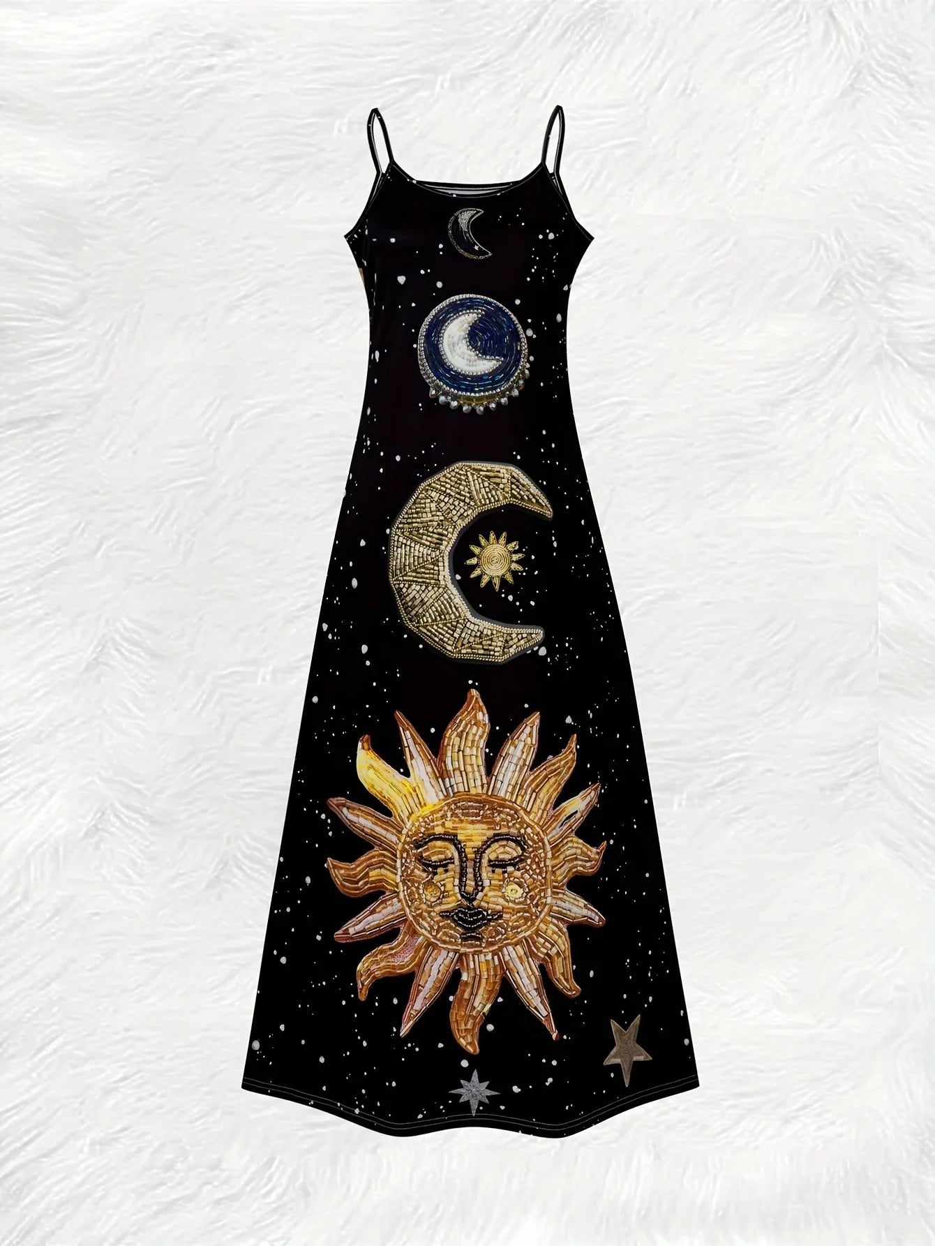 Polyester Slip Maxi Dress Astral Print Round Neck — Multicolor | KIMLUD