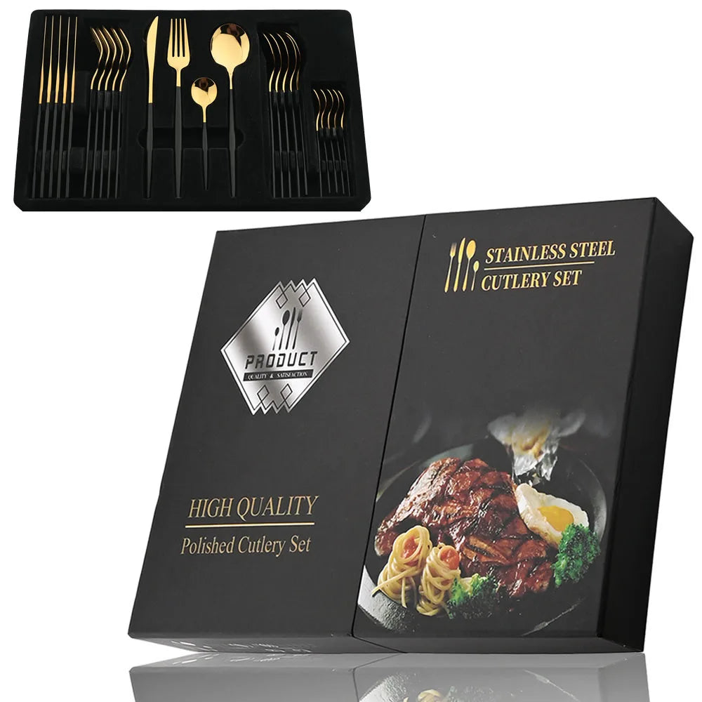 Gold Tone Cutlery Set With Black Handles — Black | KIMLUD
