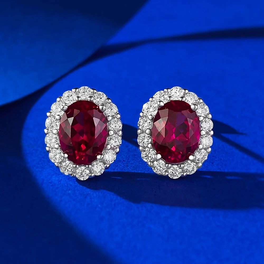 Sterling Silver Stud Earrings Oval Cut Ruby Sapphire — Multicolor | KIMLUD