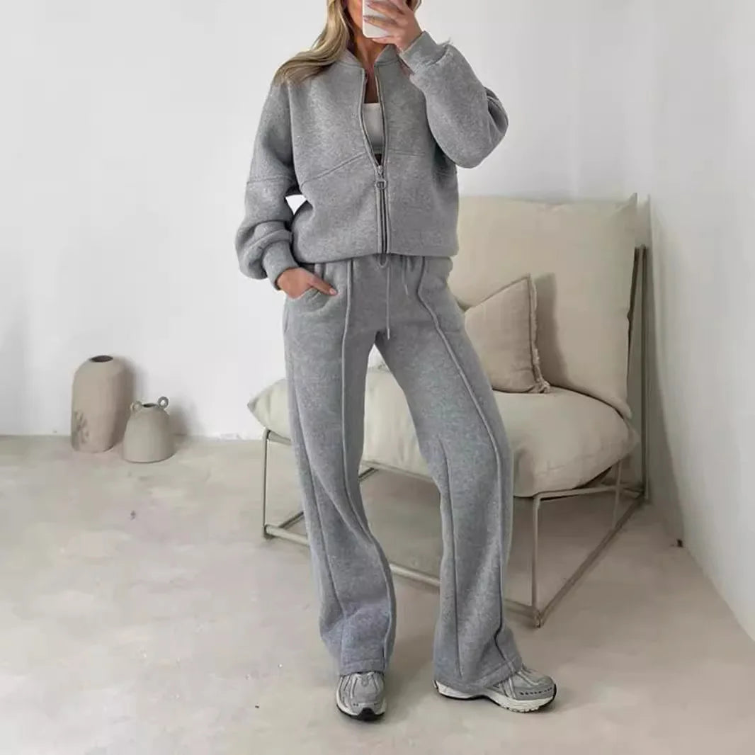 Two-Piece Tracksuit With Zip Sweatshirt And Straight Pants — Olive | KIMLUD