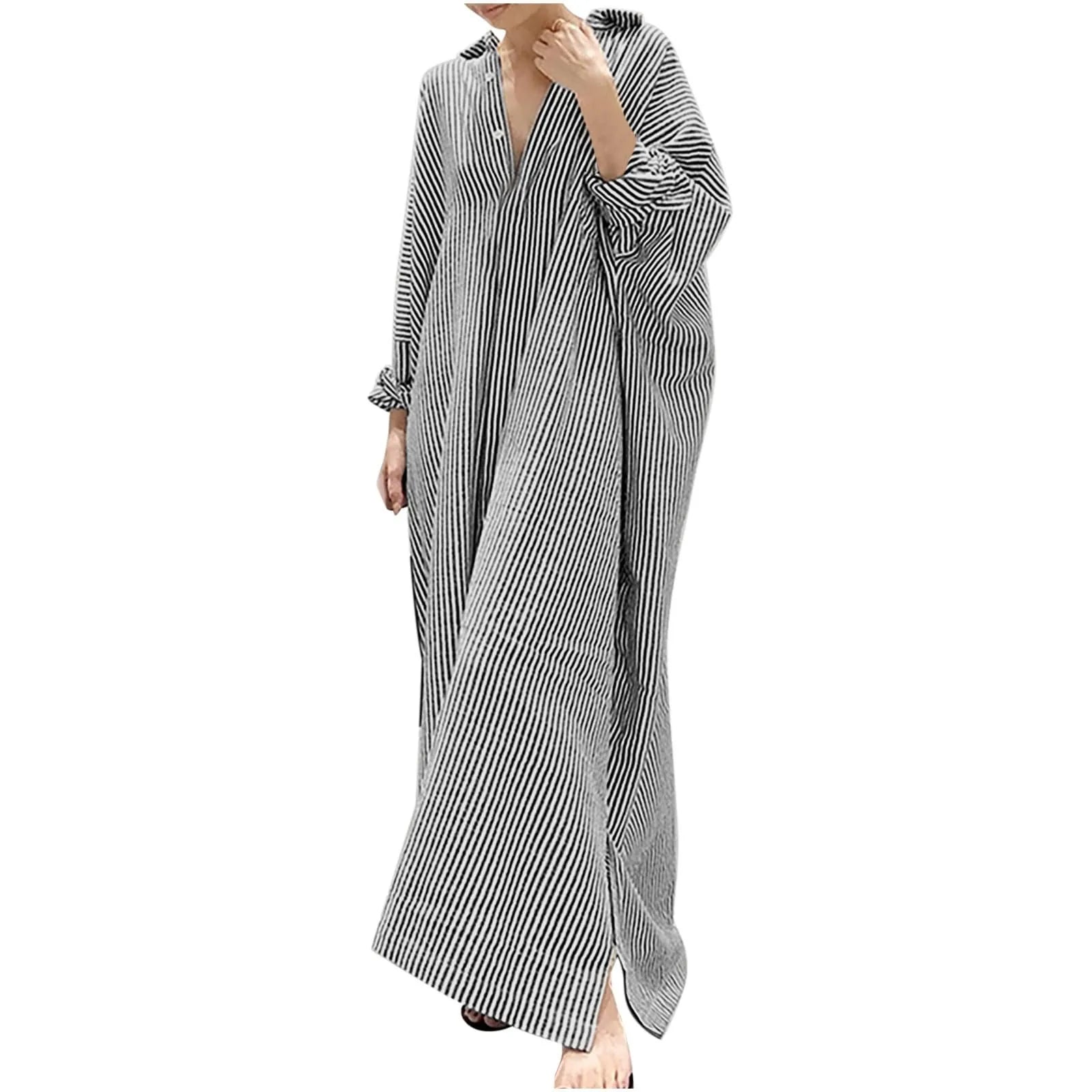 Cotton Maxi Dress Striped — Red and White | KIMLUD