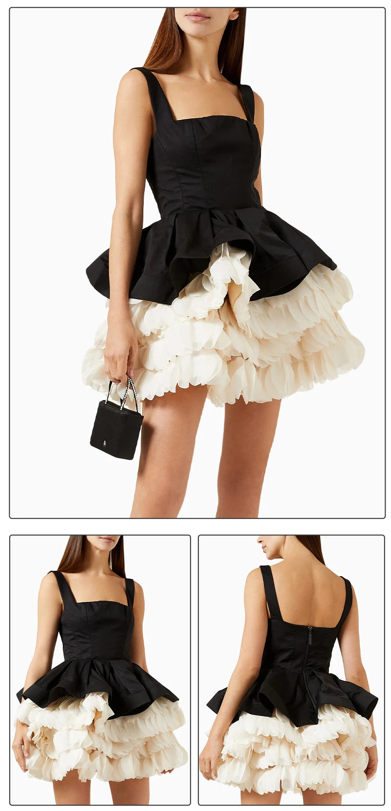 VC Elegant Black Mini Dress with Peplum and White Ruffle Accents for Upscale Casual Gatherings