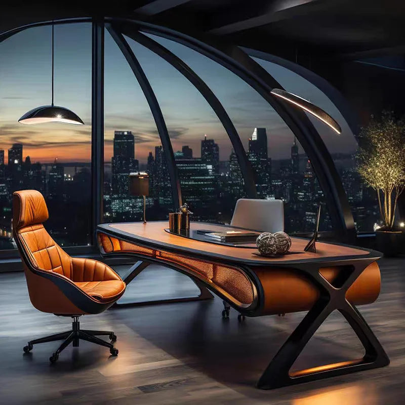 Modern office desk with leather chair in a room with a cityscape view