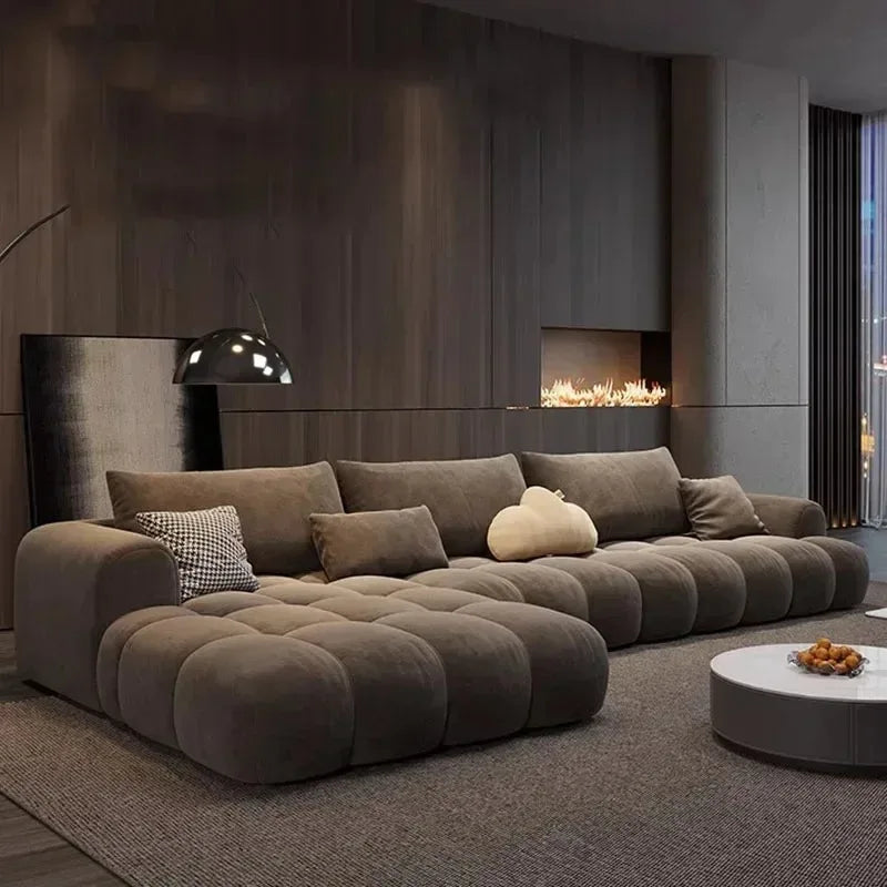 Plastic Upholstery Floor Recliner Sofa With Puffed Cushions And Modular Section — Brown | KIMLUD