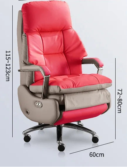 Ergonomic chair with red and beige design, featuring dimensions and features on a white background.