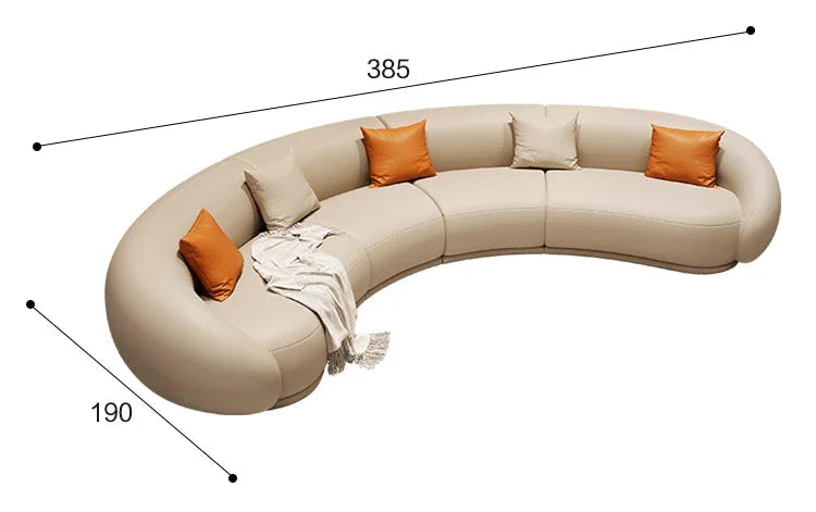 Beige sectional sofa with orange cushions on a white background, featuring text about furniture top core businesses.