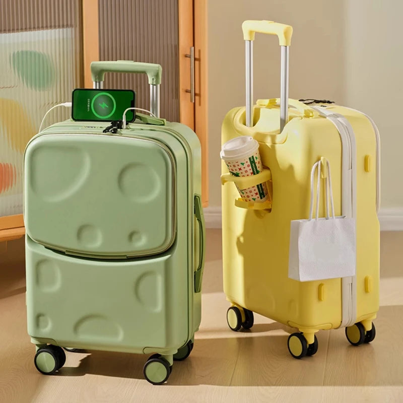 New Suitcase Front Opening Luggage with USB Cup Holder Girl Travel Wheeled Suitcases 18 20 26 Inch Suitcase Trip Cabin Carry-on